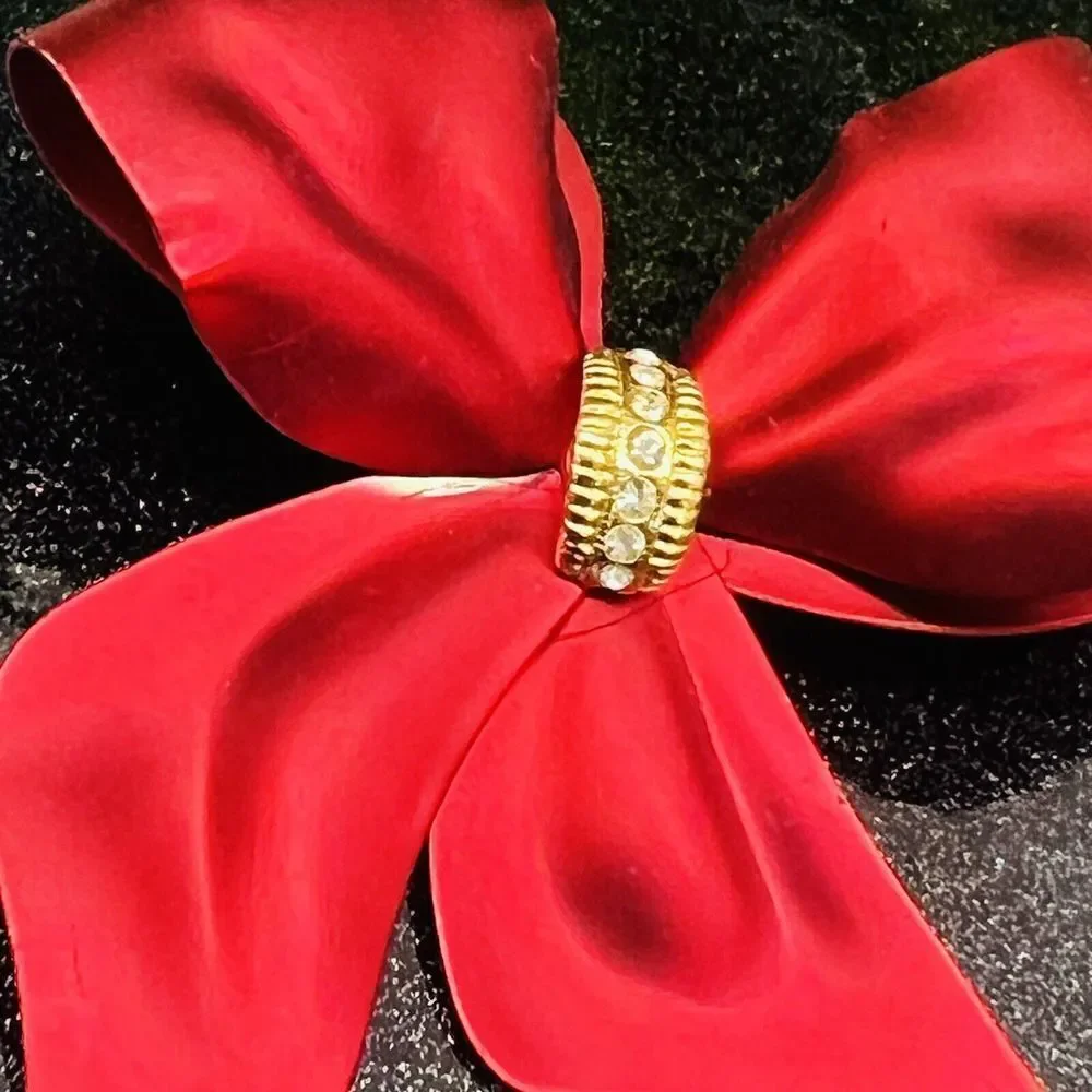 Vintage RED Metalic Satin Bow Ribbon Brooch Pin Crystal Accent Large Matte 1426